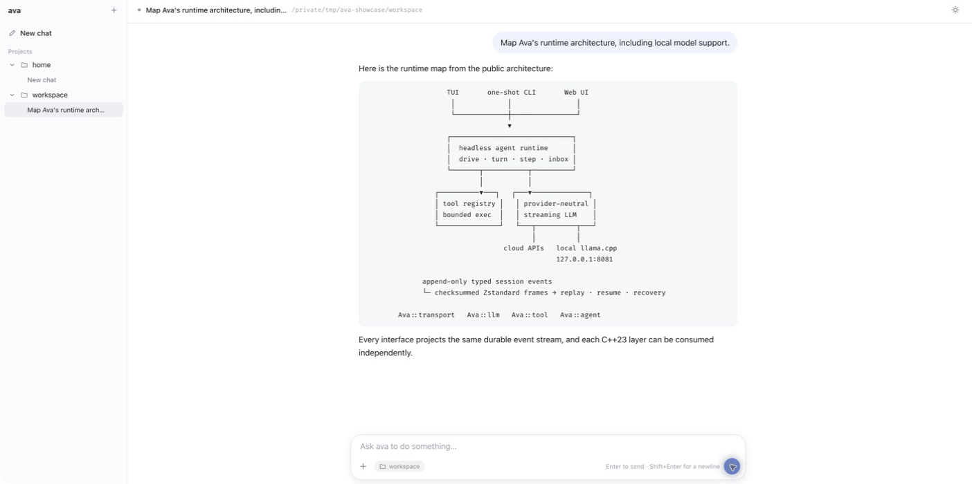 Ava Web UI showing the same runtime architecture response